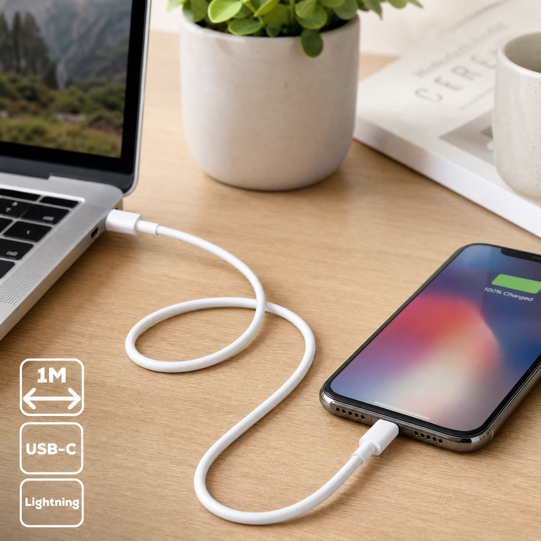 Cellect Ligtning és USB-C adat és töltőkábel, 100 cm, Fehér