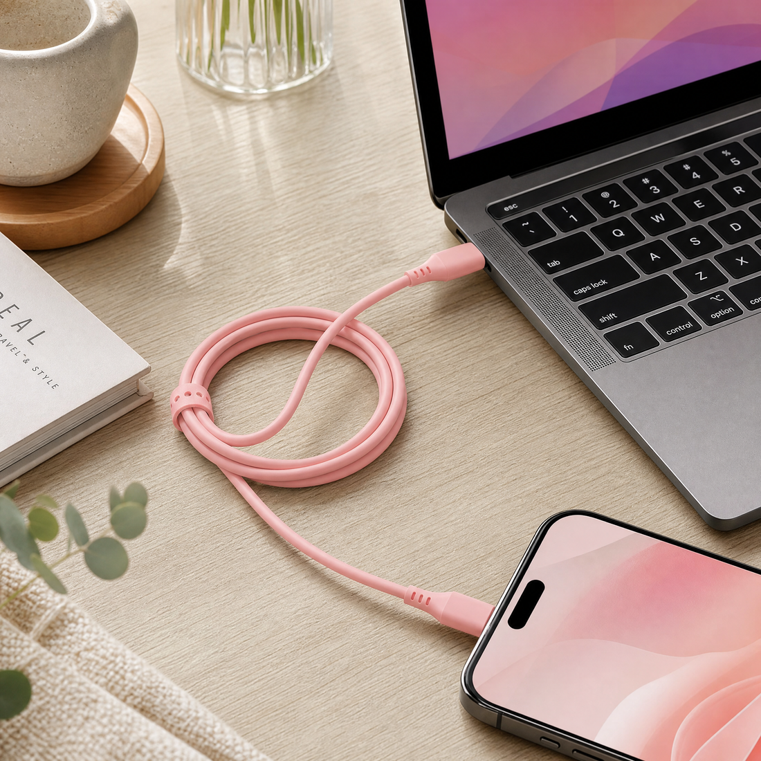 Cellect USB-C és USB-C puha szilikon adat és töltőkábel, 100 cm, Pink