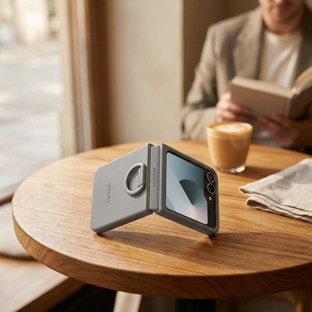 Samsung Flip 6 szürke szilikon tok gyűrűvel